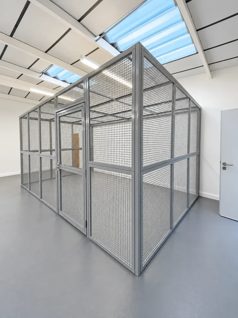 Grey mesh storage cage with hinged door in a warehouse unit